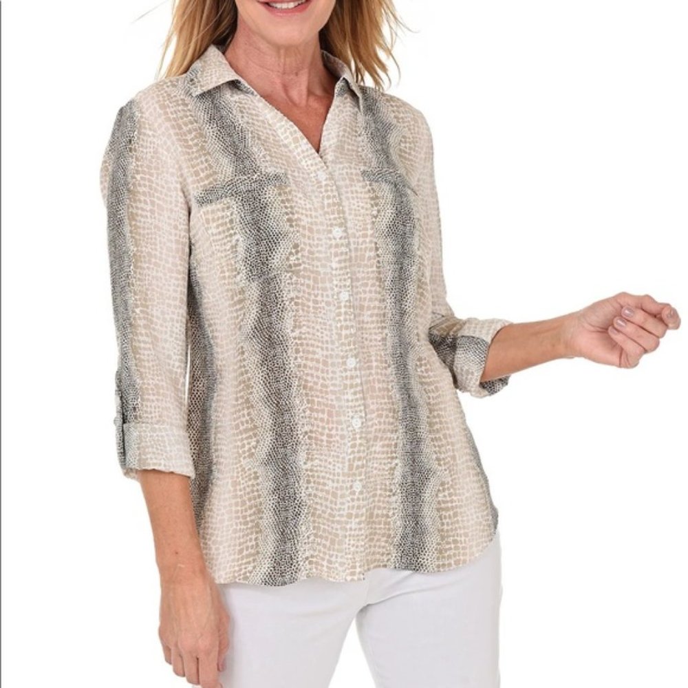Linda Leal Large Tan Snakeskin Print Bishop Flowy Button Down Long Sleeve Blouse